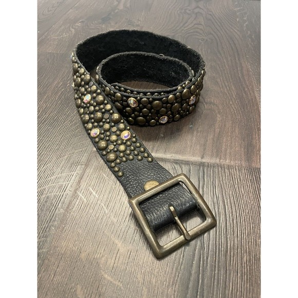 Vintage Accessories - Vintage Y2K Leather Brown w/Pink Rhinestone Studded Belt Boho Fairy Hippie